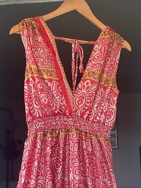 Sleeveless Red Printed Maxi Dress with Smocked Waist